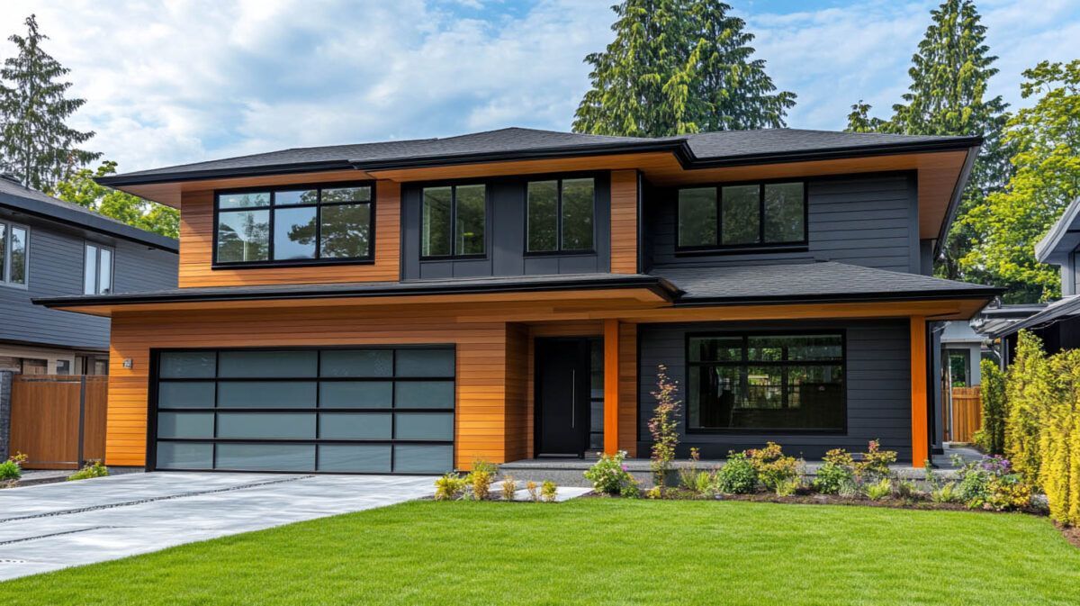 Modern two-story house with wood and dark siding, large windows, and a green lawn.