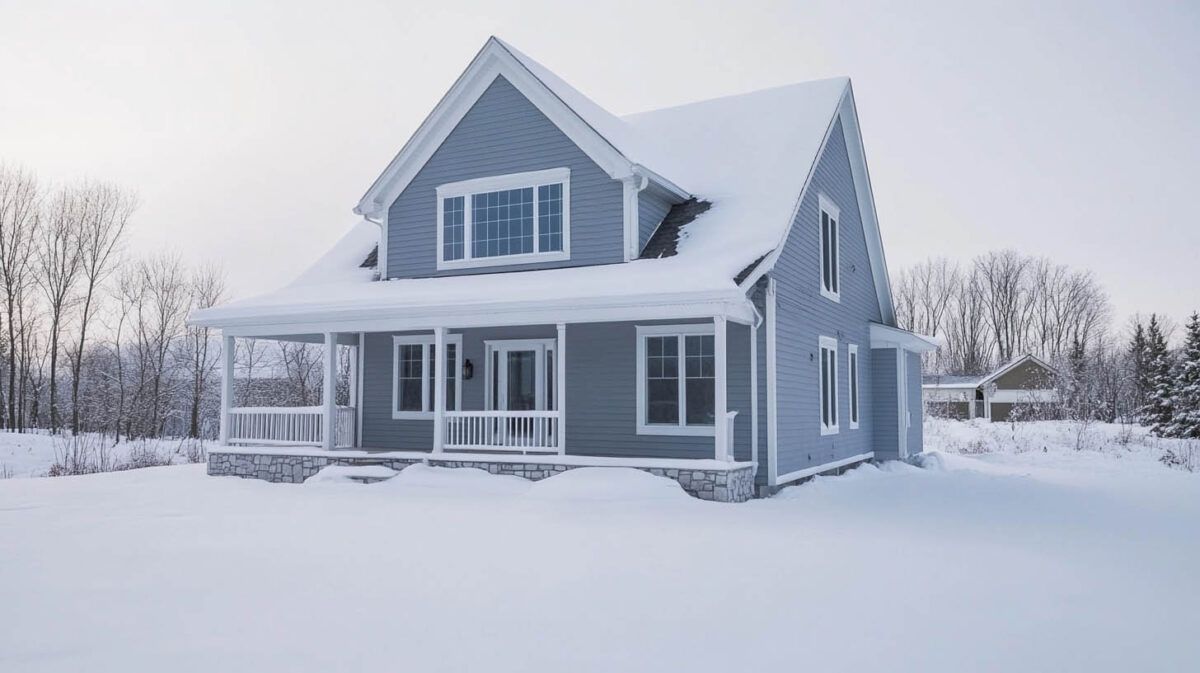 Snow-covered gray house with porch and dormer windows in a winter landscape