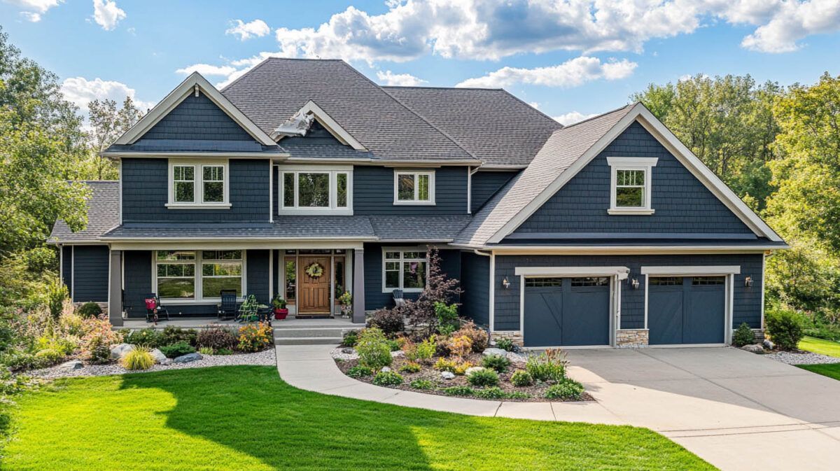Large dark blue suburban house with a manicured lawn, landscaped garden, and three-car garage
