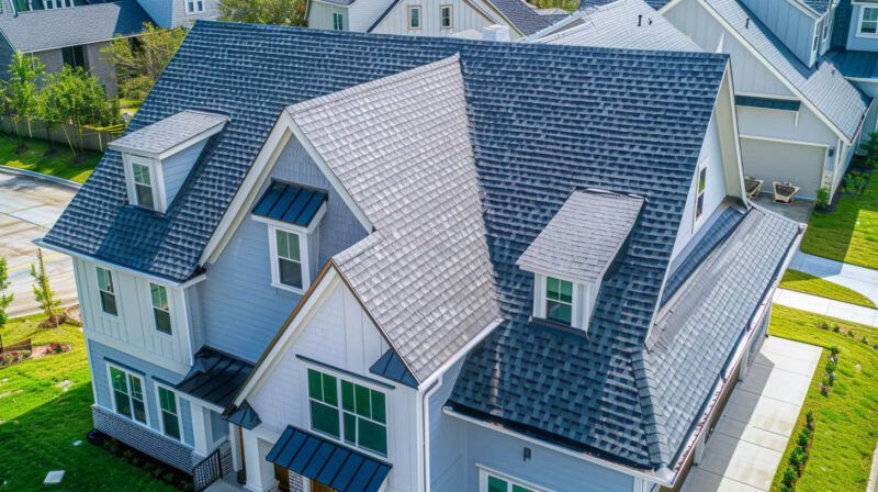 Aerial view of a white house with dark gray roof shingles in a suburban neighborhood