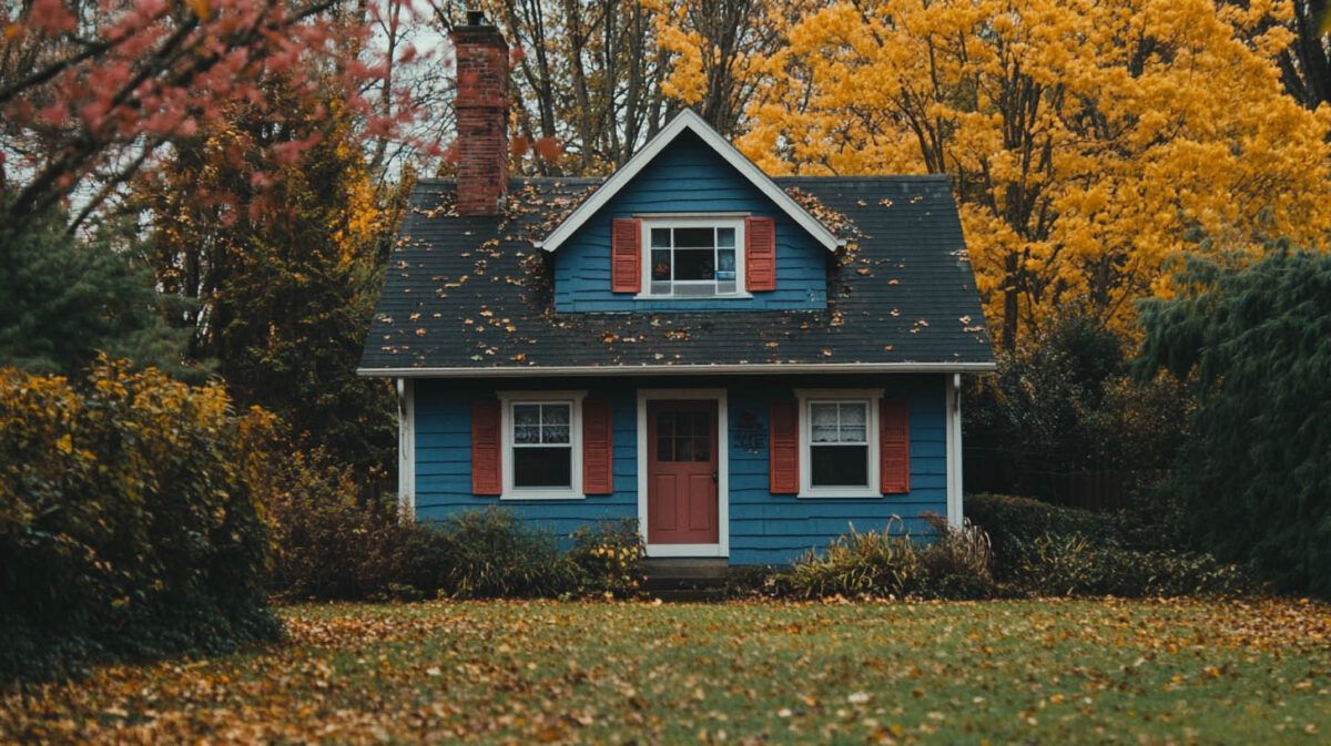 Blue house with red door and shutters surrounded by autumn trees and fallen leaves.