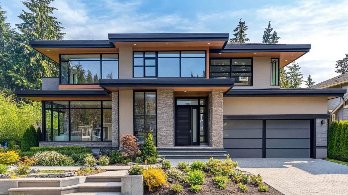 Modern two-story house with large windows, stone accents, and a double garage, framed by landscaped front steps.
