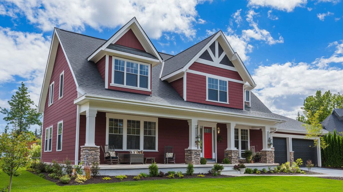 Red two-story house with white trim, front porch, and attached garage under a blue sky