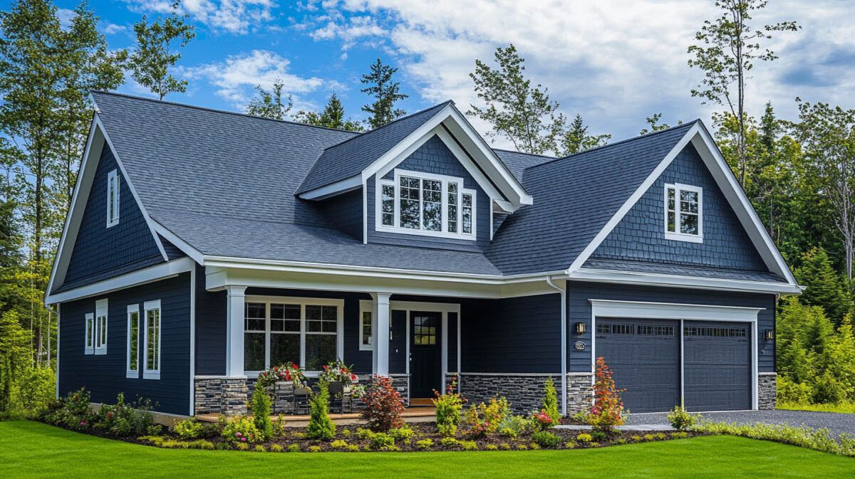 Blue suburban house with front porch, dormer windows, and attached garage under a partly cloudy sky