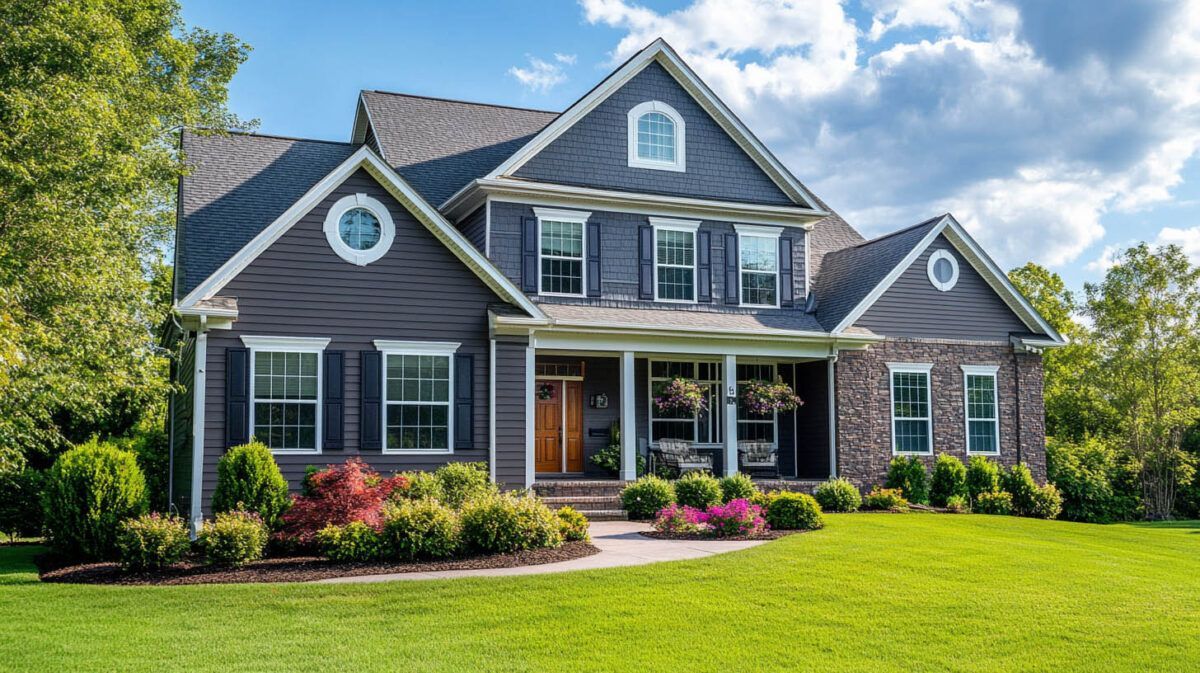 Modern gray suburban house with white trim, front porch, and bright green lawn under a blue sky