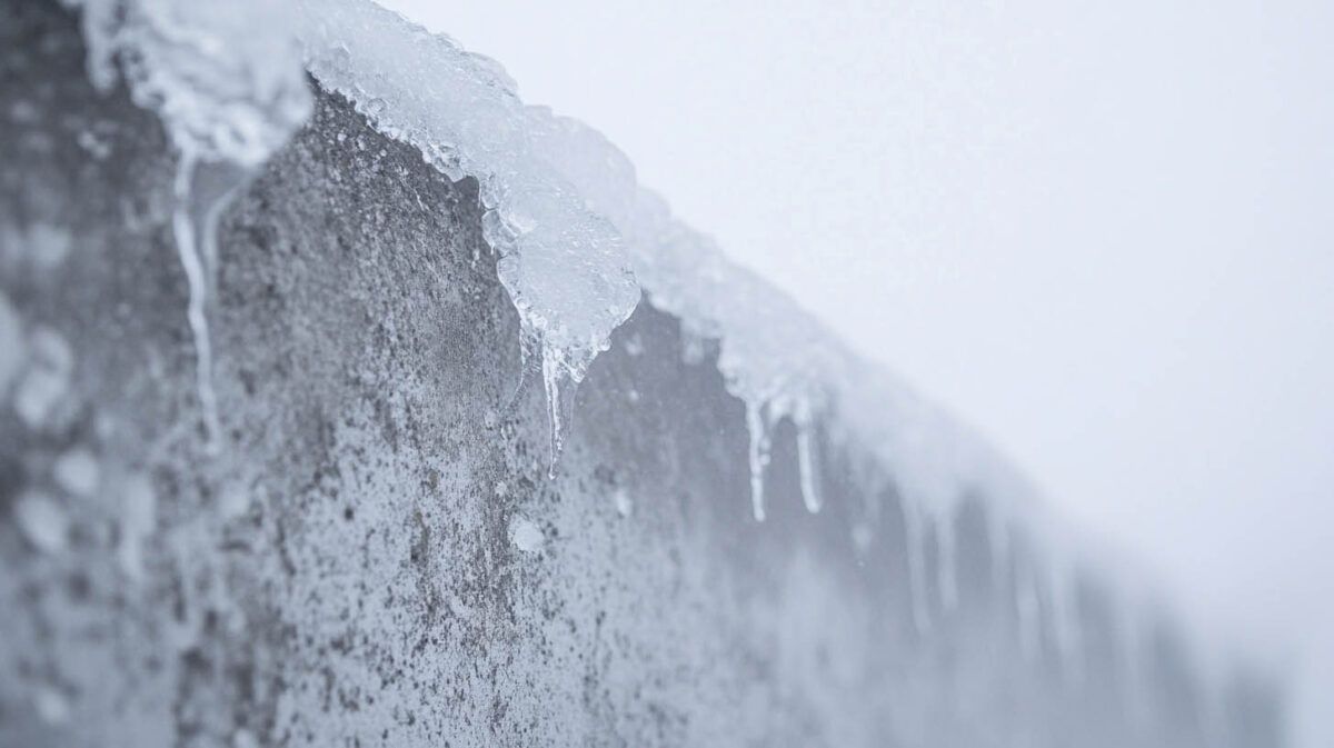 Close-up of a frost-covered wall with icicles along the edge in a snowy, gray setting