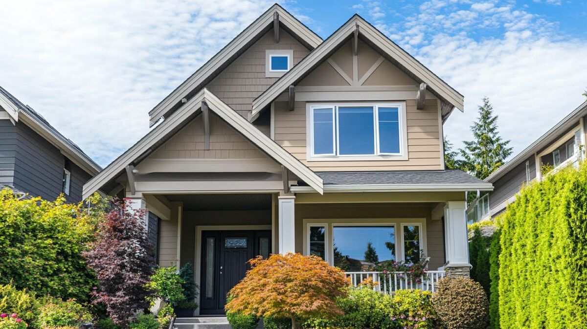 Suburban house with gray siding, a peaked roof, front porch, and neatly trimmed green hedges