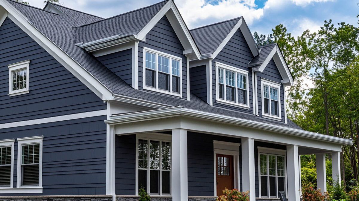 Blue two-story house with white trim, gabled dormers, and a covered front porch under a partly cloudy sky
