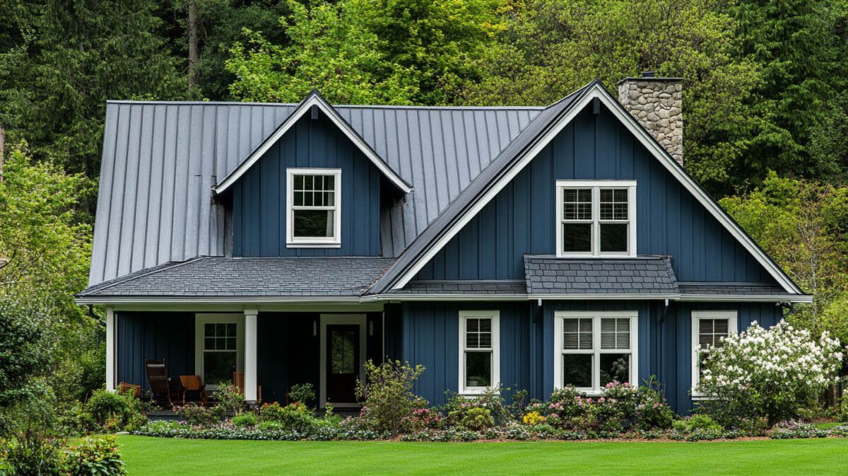 Blue-gray house with a metal roof, stone chimney, and lush green lawn, surrounded by trees