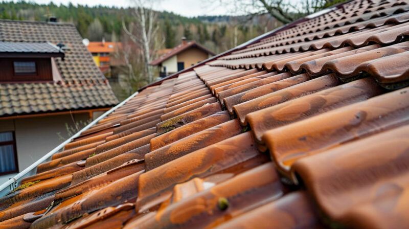 Close-up of a wet terracotta tile roof with neighboring houses and trees in the background
