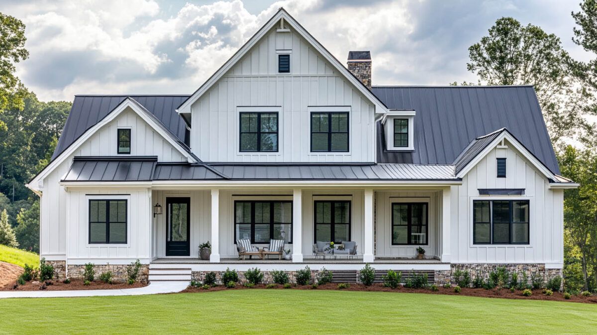 White two-story suburban house with gray roof and front porch, centered on a green lawn