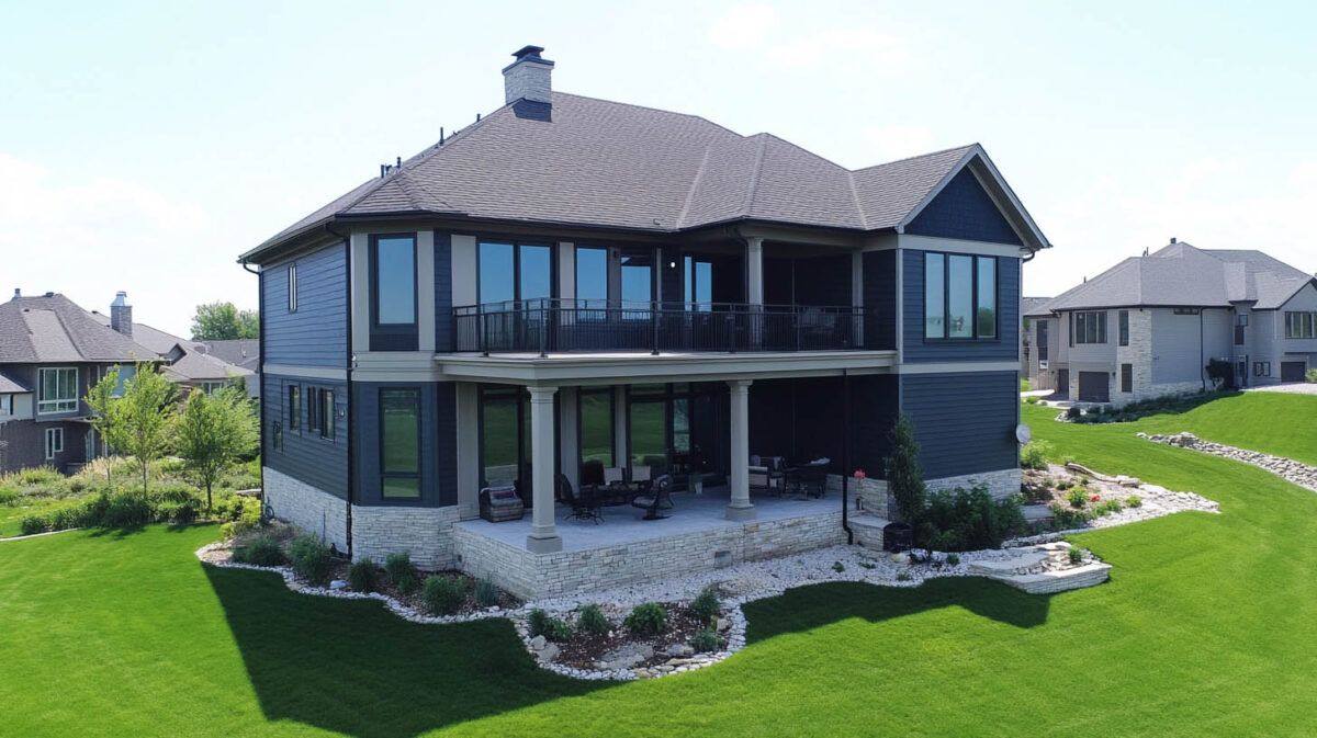Two-story blue-gray house with a covered porch and stone walkway, set on a green lawn under a clear sky