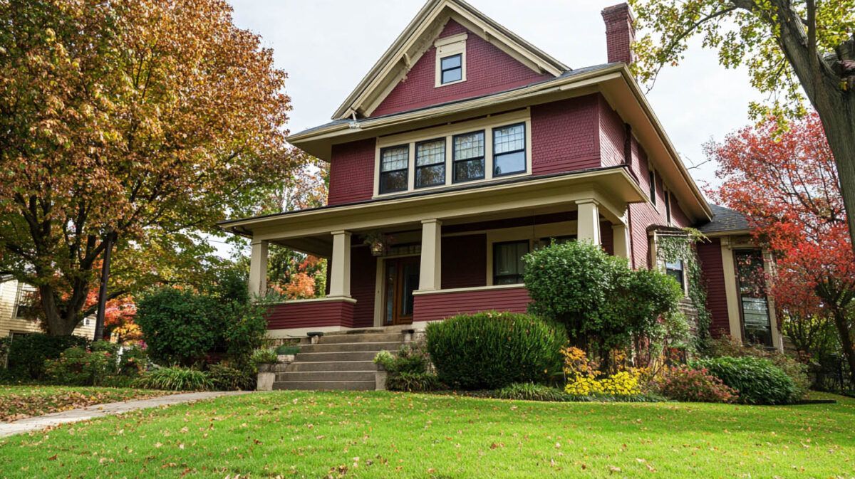 Red two-story house with a front porch, surrounded by autumn trees and a green lawn.