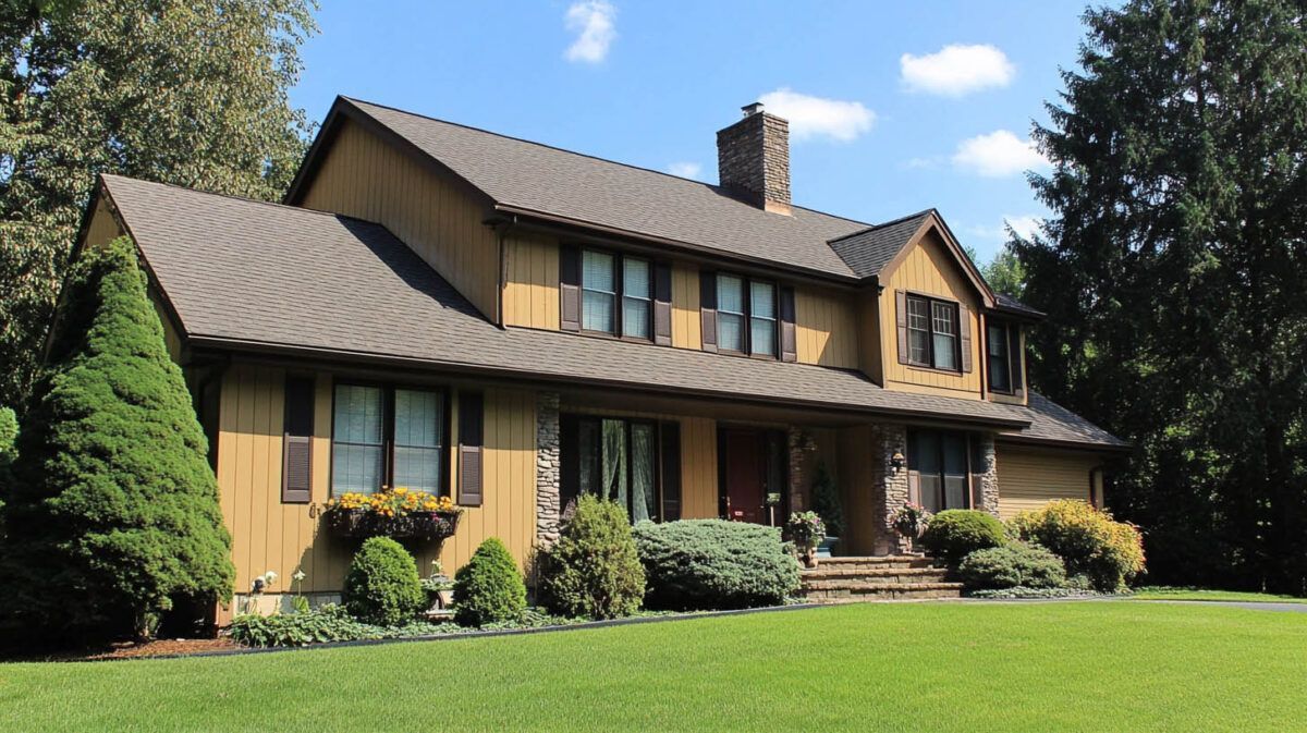 Tan suburban house with brown roof, brick accents, and a green lawn under a blue sky