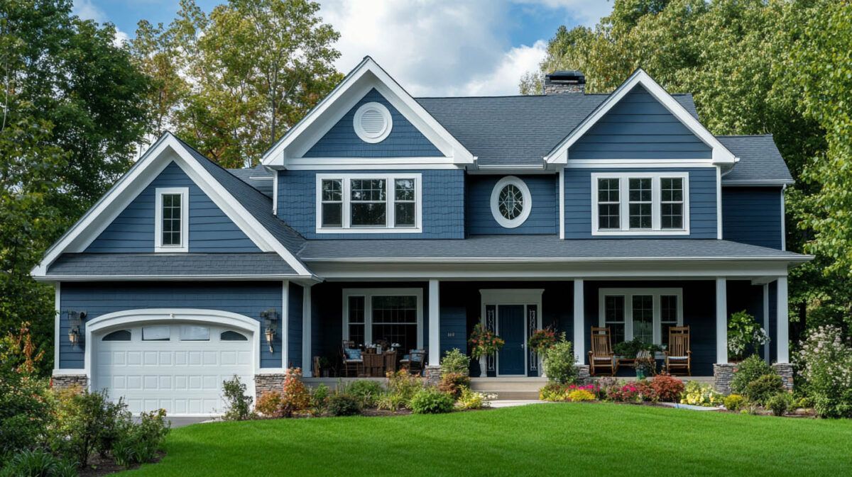Blue suburban house with white trim, a front porch, garage, and manicured green lawn under a partly cloudy sky