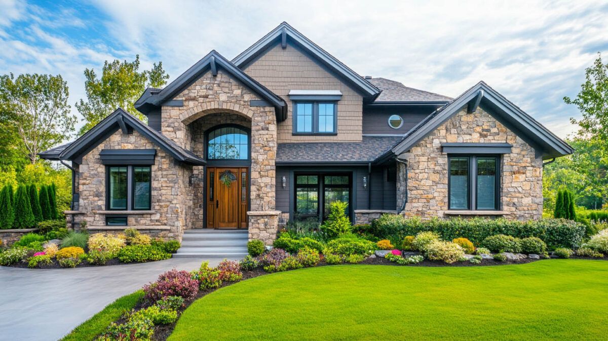 Modern stone house with gabled roof, dark trim, and landscaped front lawn and flower beds
