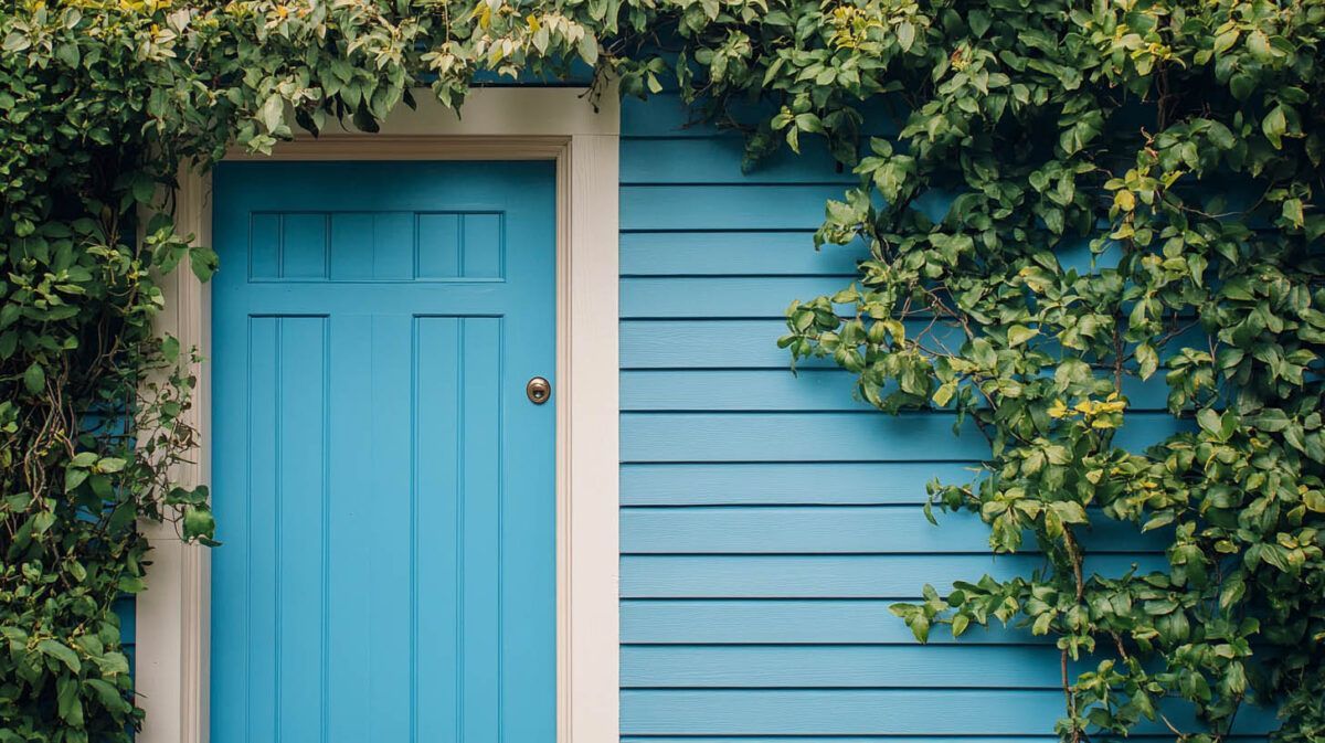 Blue front door and matching siding covered with green ivy and foliage