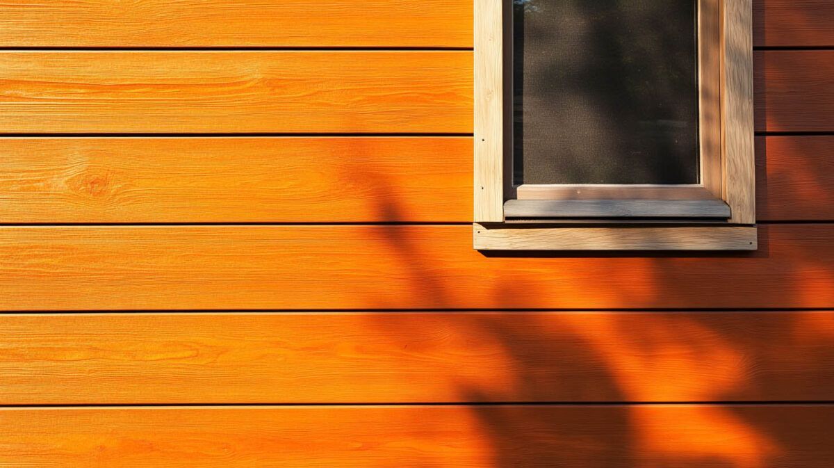 Orange wooden wall with a small window casting shadows from nearby branches