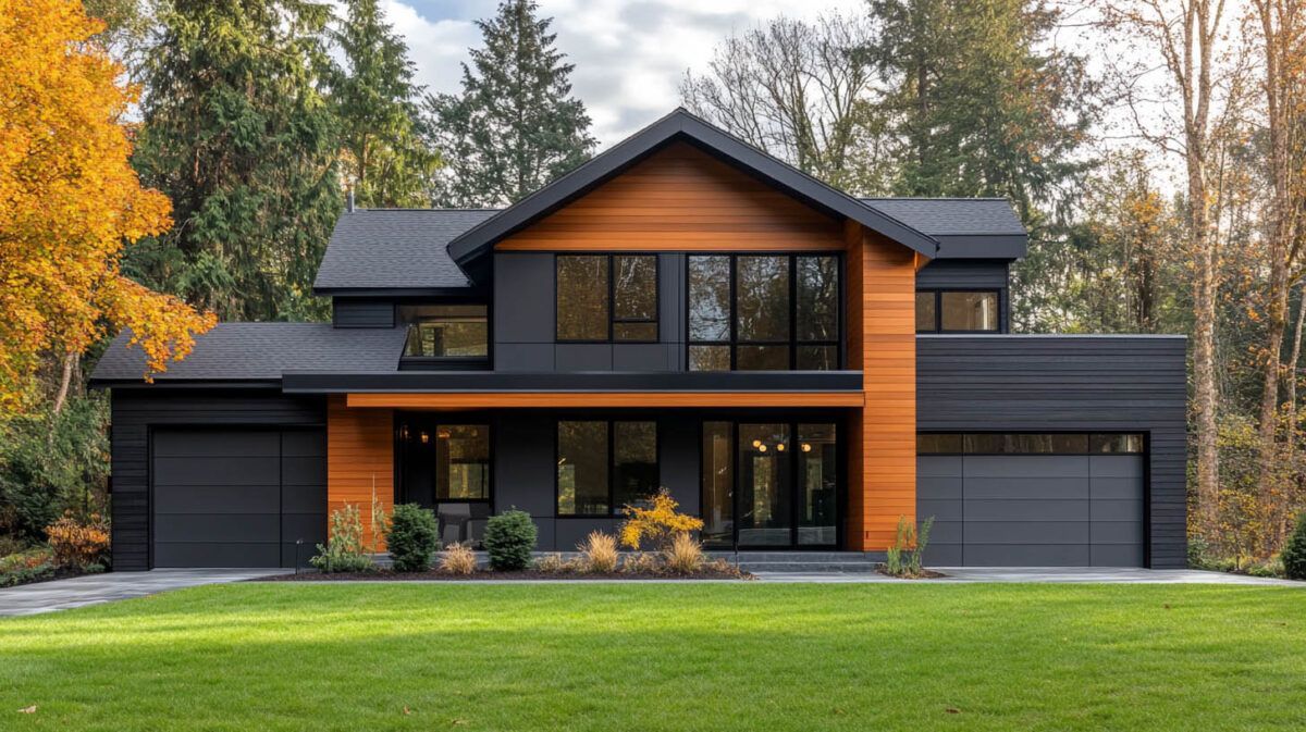 Modern black-and-wood two-story house with large windows and a green lawn in front