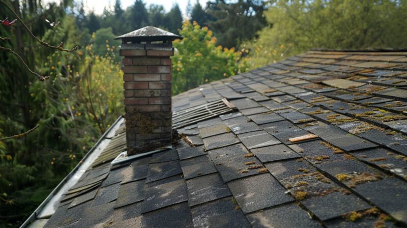 Weathered shingled roof with a brick chimney, viewed against trees and a forested background