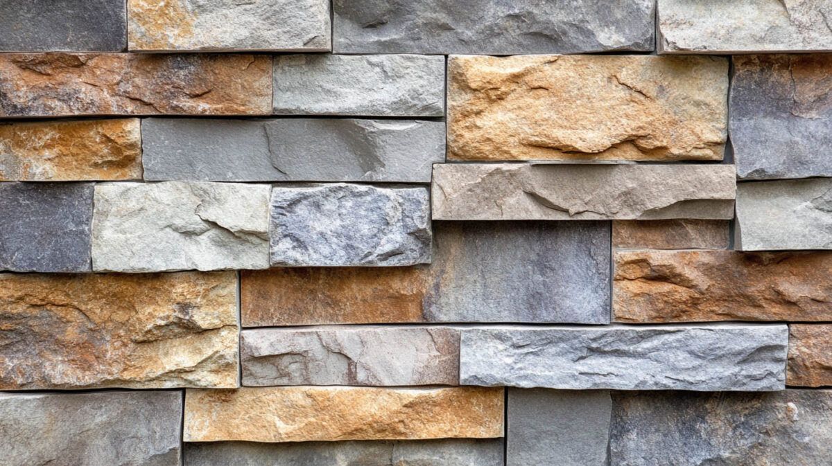 Stacked stone wall with gray, tan, and beige textured rectangular tiles