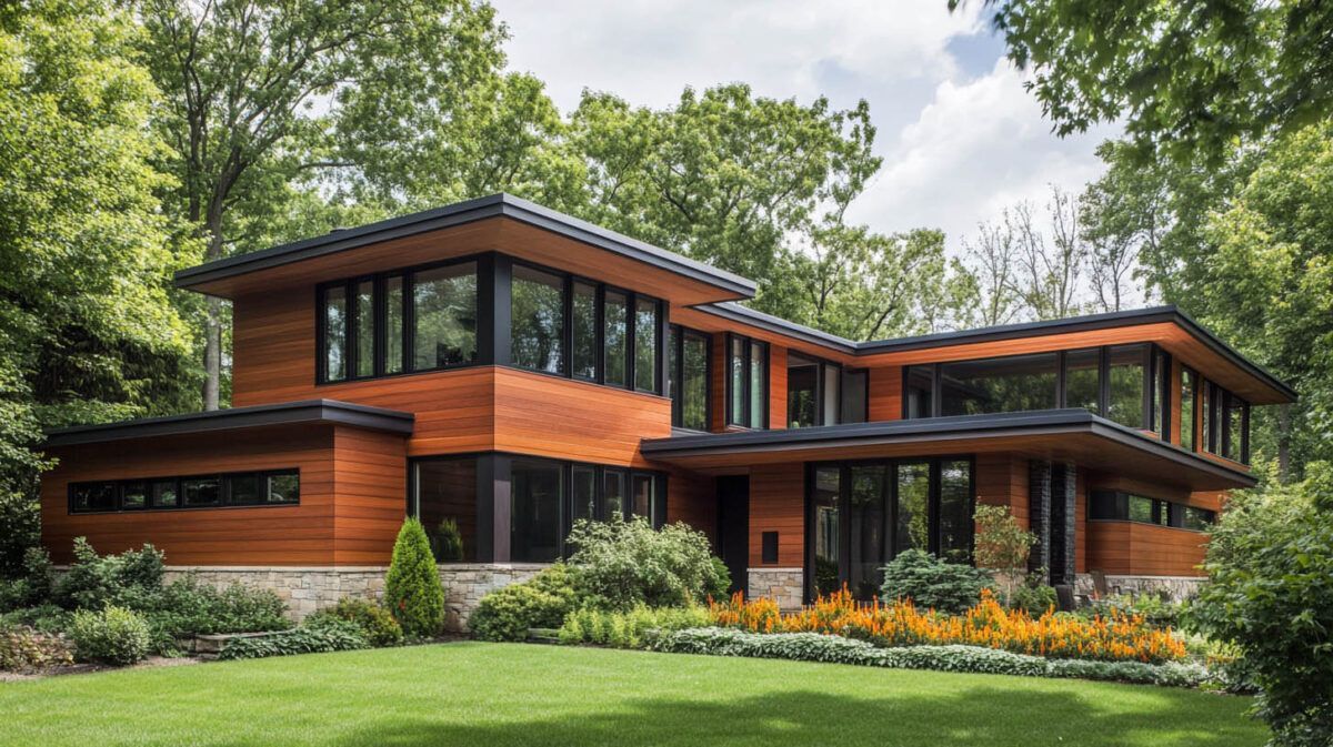 Modern two-story house with warm wood siding, large windows, and a landscaped green lawn surrounded by trees
