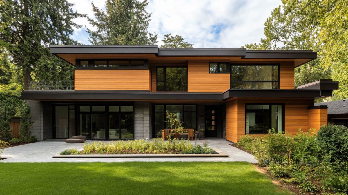 Modern two-story house with wood siding, large windows, and a manicured front lawn