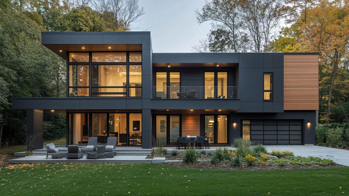 Modern two-story house with dark exterior, large windows, and warm interior lights at dusk