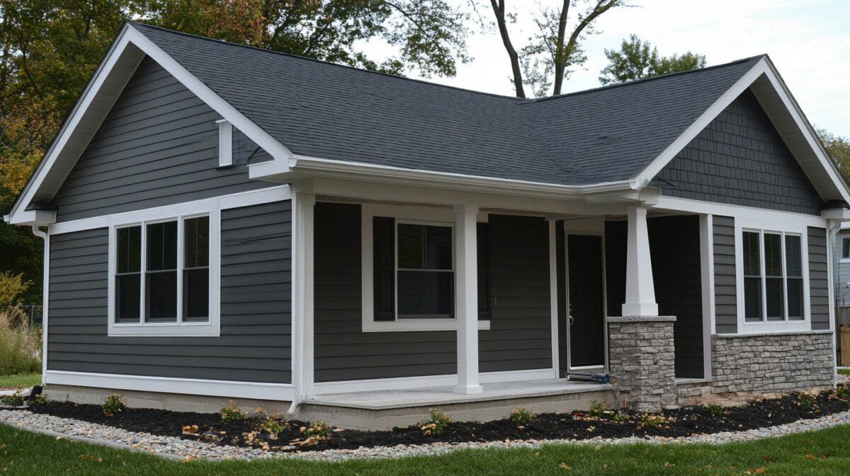 Gray house with white trim and stone porch in a landscaped yard