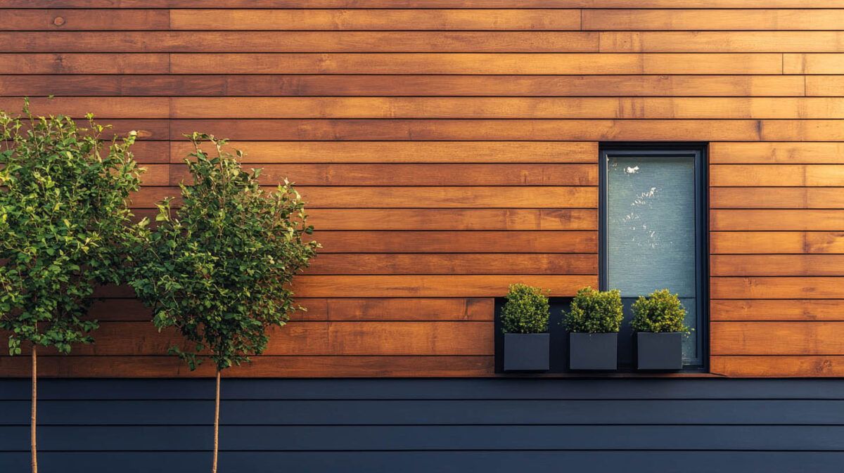 Wooden exterior wall with a dark door and two potted trees on a black ledge