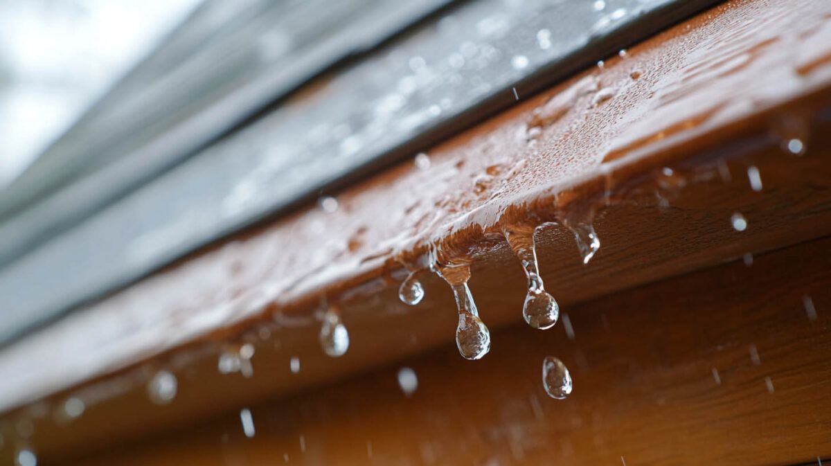 Rain dripping from a brown wooden roof edge with water droplets hanging below