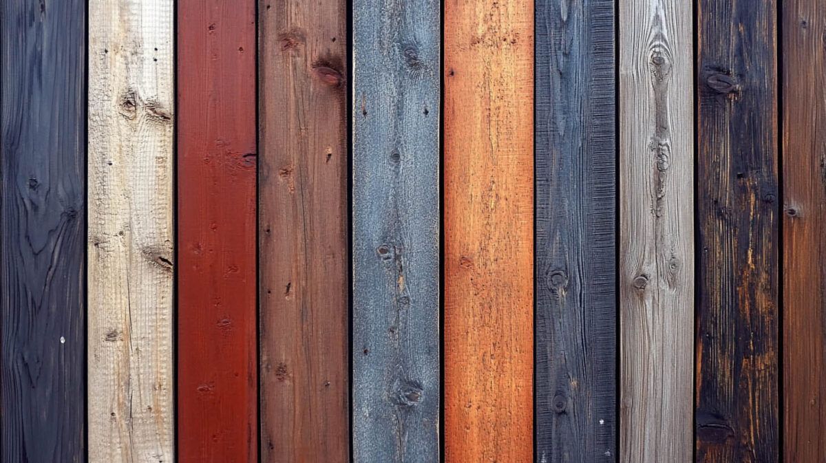 Weathered vertical wooden planks in faded blue, red, orange, gray, and brown tones.