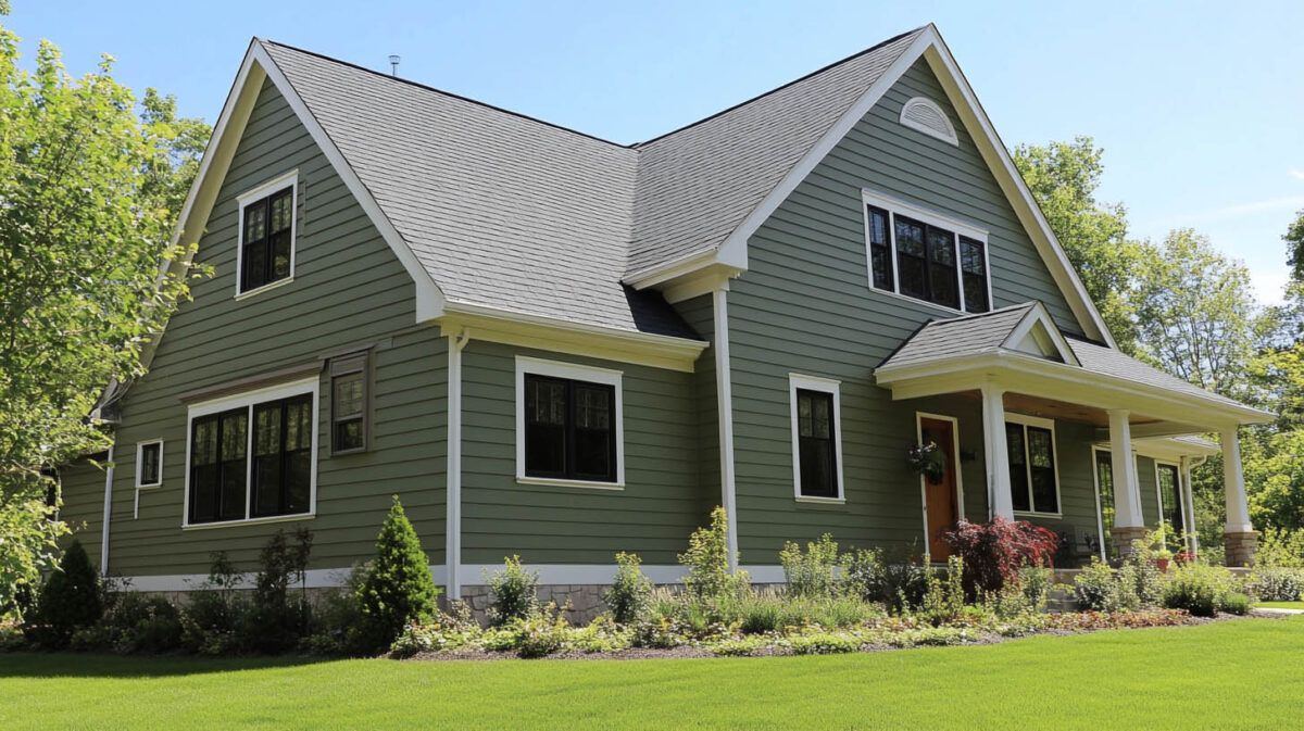 Green two-story house with steep gray roof and front porch in a leafy yard