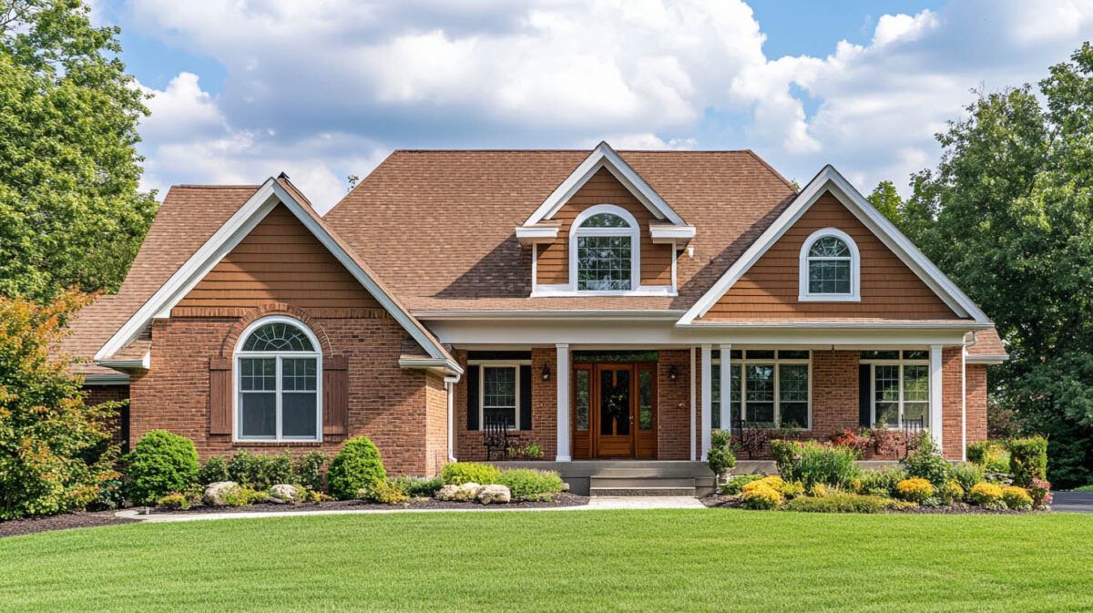 Brick suburban house with red roof, front porch, and manicured lawn under a partly cloudy sky