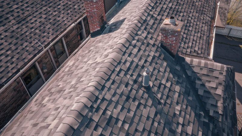 Aerial view of weathered shingle rooftops with skylights and dormer windows.