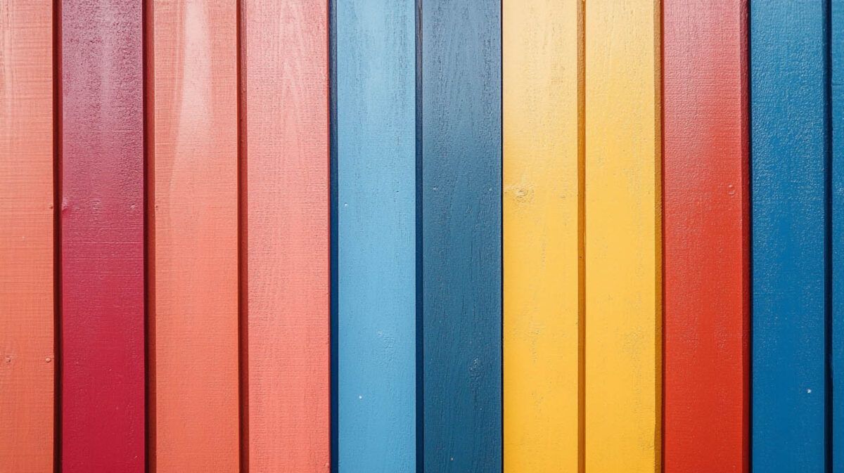 Colorful vertical wooden planks in red, pink, orange, yellow, and blue tones