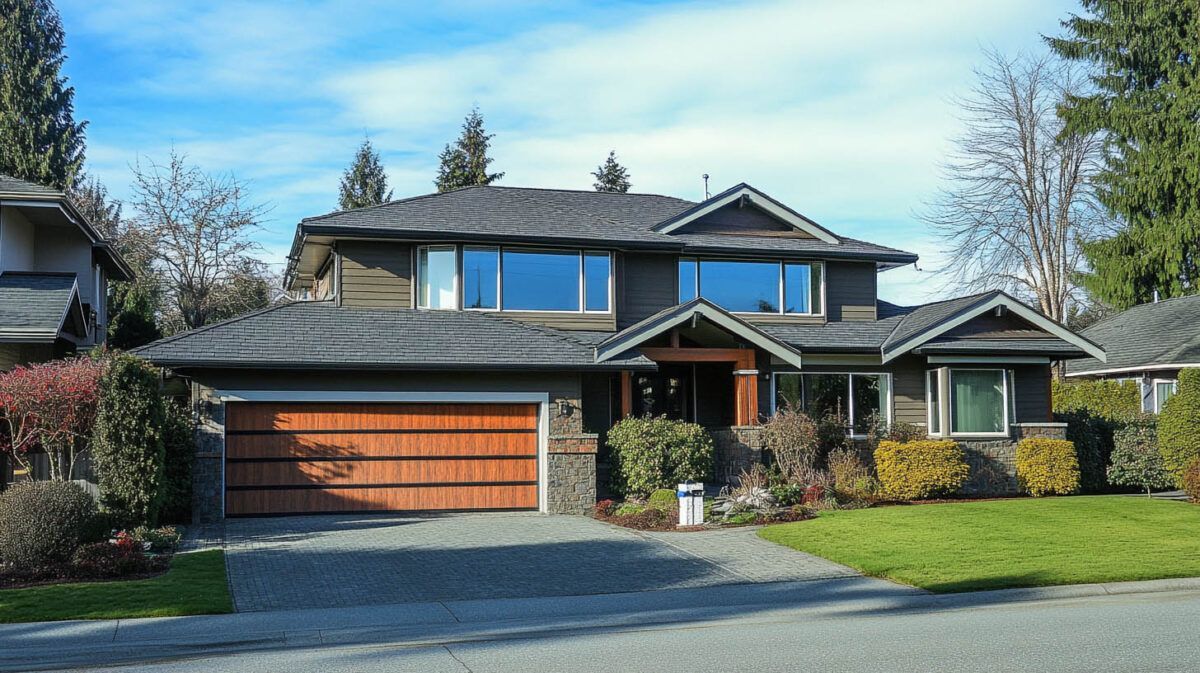 Suburban two-story house with a wood garage door, front porch, and manicured lawn under a blue sky
