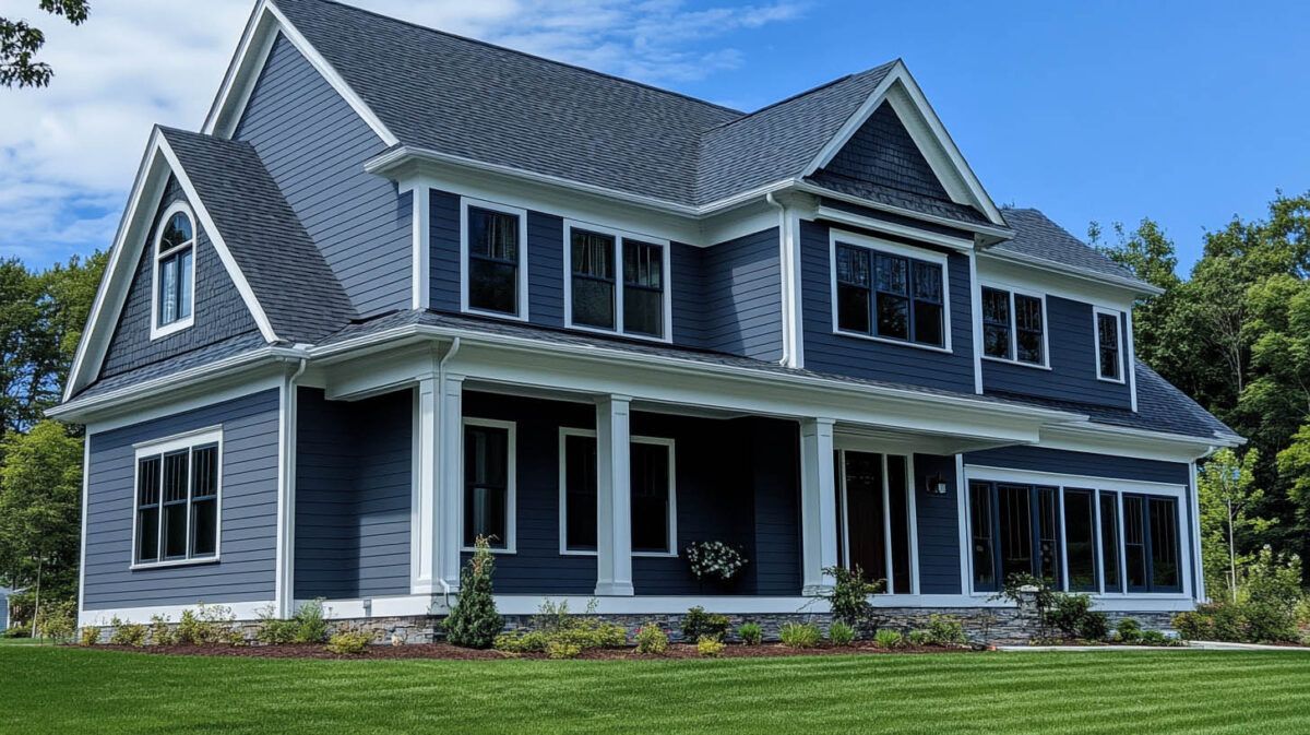 Large gray two-story house with white trim, steep roof, and a front porch on a green lawn.
