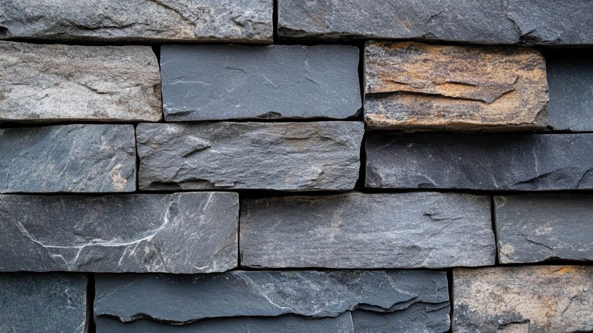 Stacked gray and tan stone wall with rough, layered slate texture.