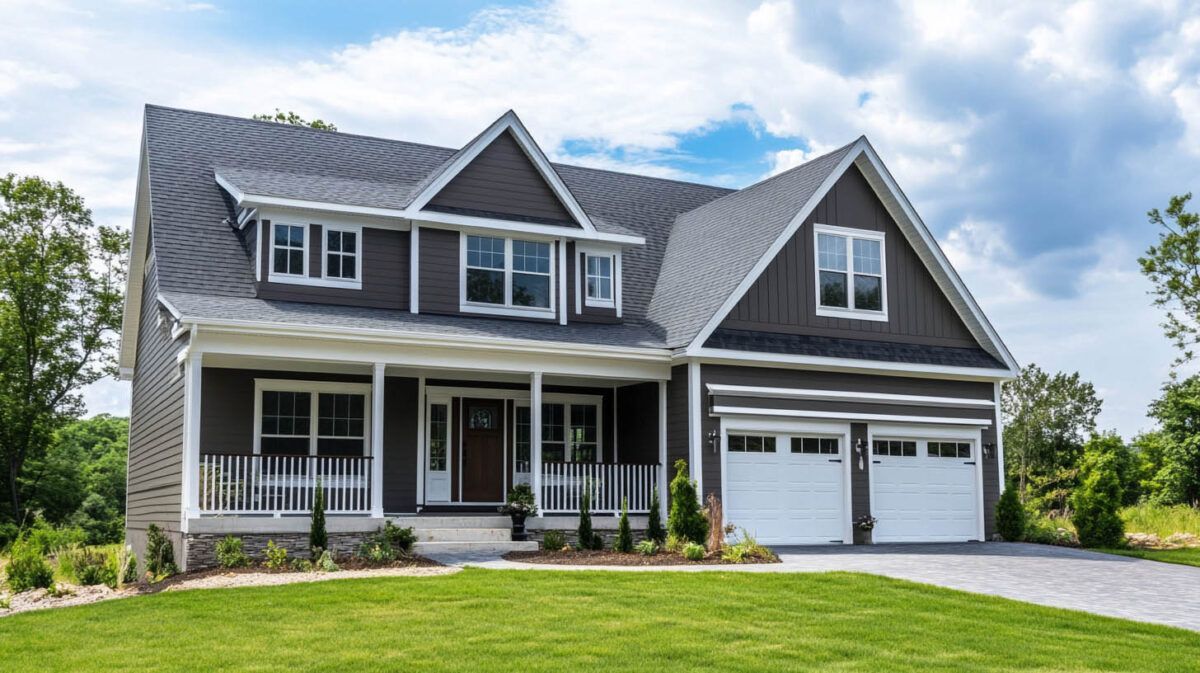 Large gray two-story house with a front porch, dormer windows, and a two-car garage under a blue sky