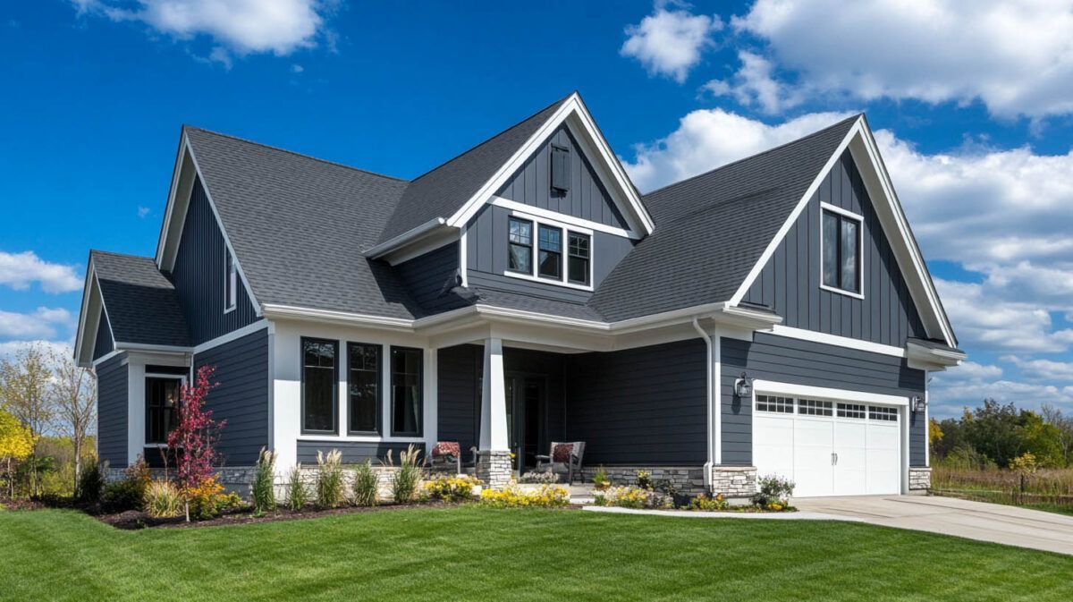 Modern gray two-story house with white trim, front porch, and attached garage on a sunny lawn