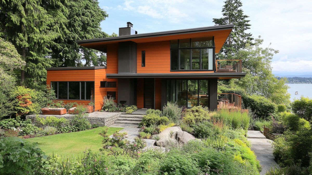 Modern orange house with large windows, surrounded by lush green garden and trees.