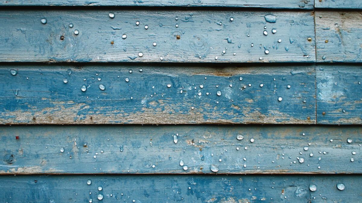 Weathered blue wooden planks with peeling paint and water droplets