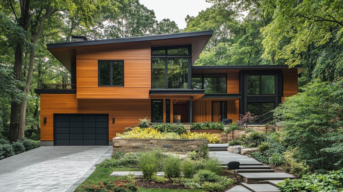 Modern two-story house with warm wood siding, black garage, and landscaped garden in a wooded setting