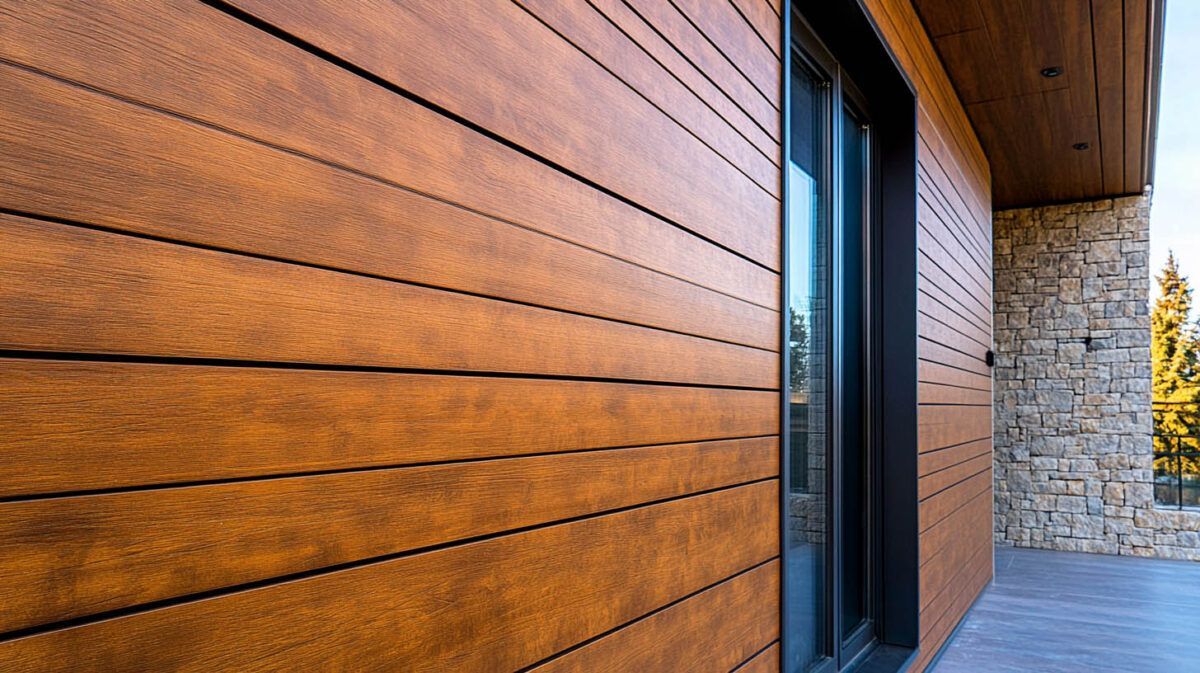 Wood-clad building exterior with a glass door, stone wall, and paved walkway