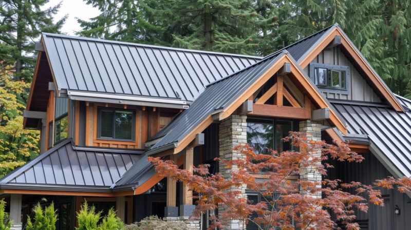 Modern wood house with dark metal roof and orange autumn trees, set among evergreens
