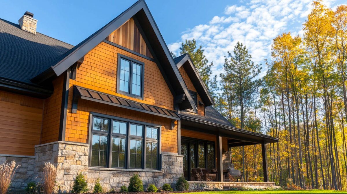 Rustic wood-and-stone house with large windows beside a grove of autumn trees