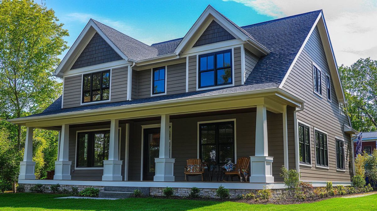 Two-story gray house with a covered porch and dormer windows, surrounded by green lawn and trees.