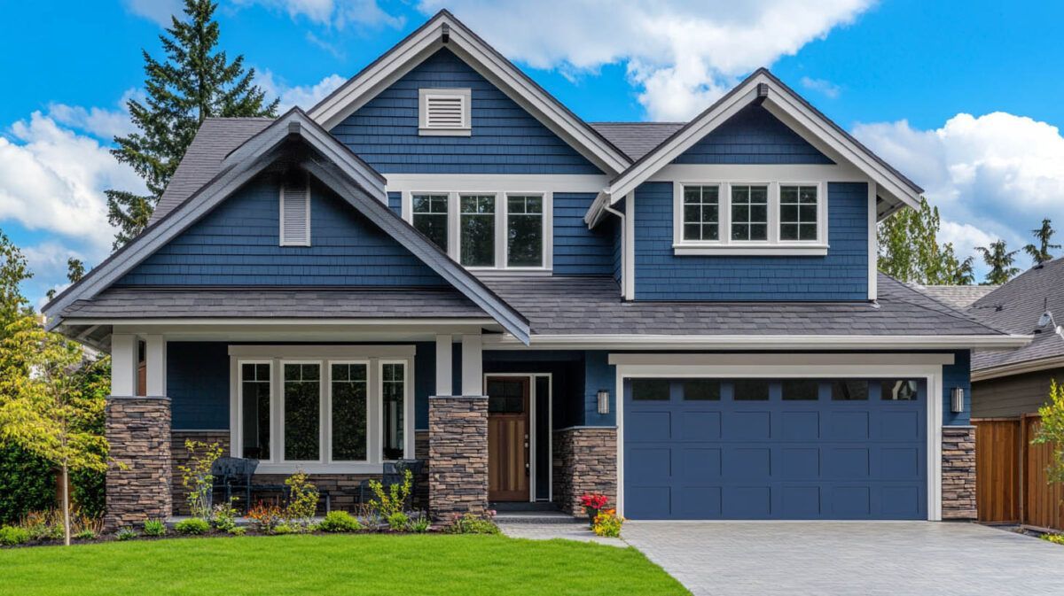 Modern blue-gray suburban house with stone accents, front lawn, and two-car garage