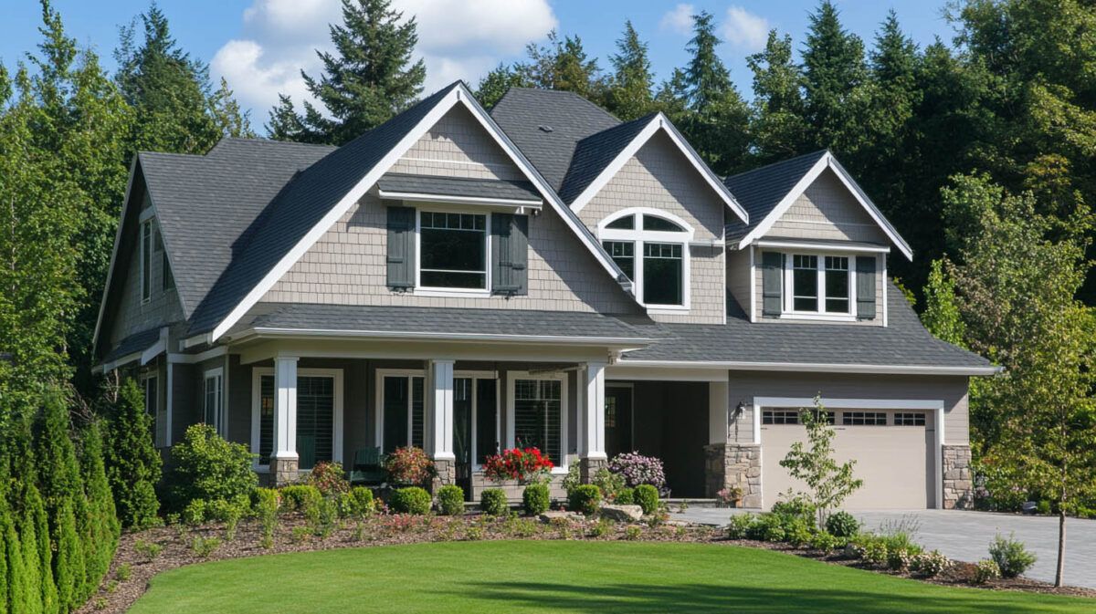 Suburban two-story gray house with white trim, front porch, garage, and manicured lawn under bright sunlight